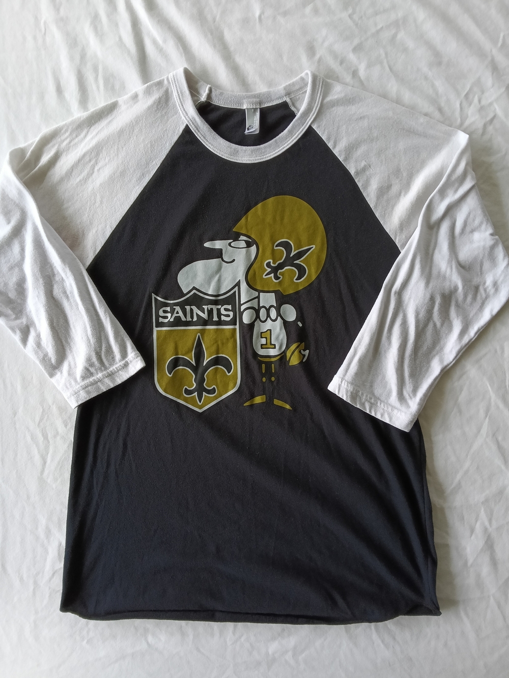 American Apparel Black and White Raglan Tee with Gold Saints Graphic
